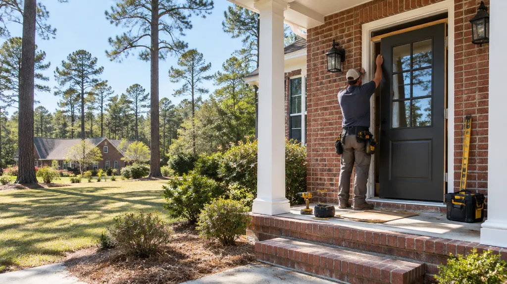 An installer hanging a new front entry door in Columbia, SC