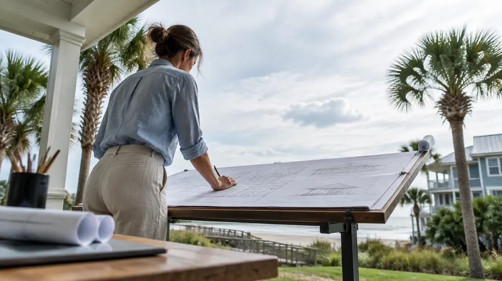 An architect reviewing blueprints at a drafting table in Conway, SC
