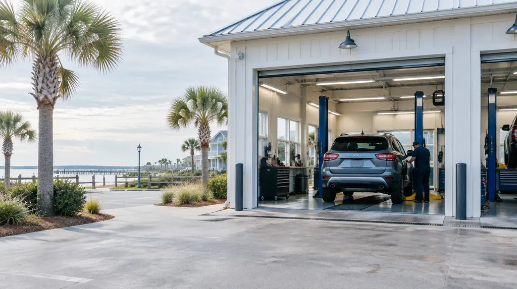 A clean auto shop service bay with a car inside in Conway, SC