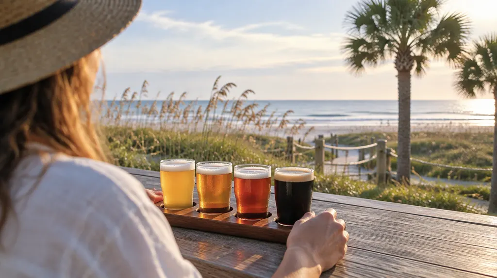 A flight of beers on a wooden board in Conway, SC