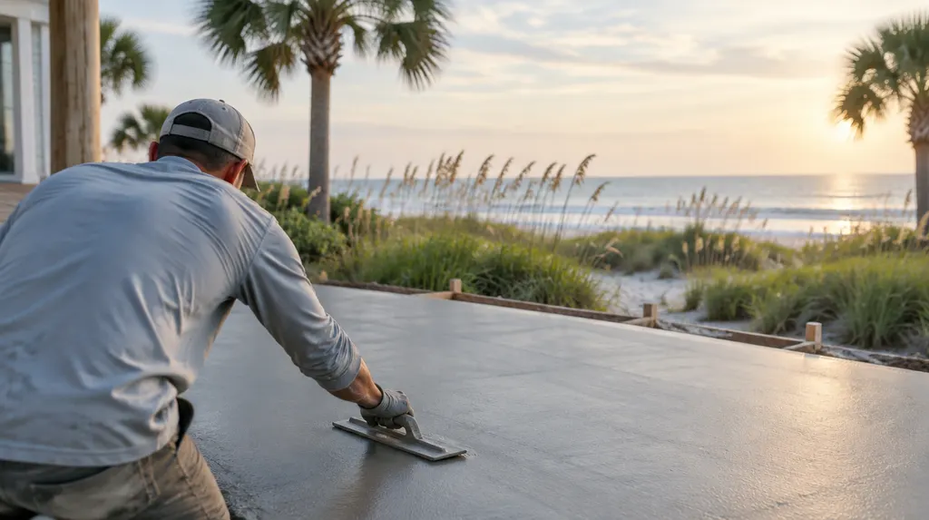 A finisher troweling a fresh patio slab in Conway, SC