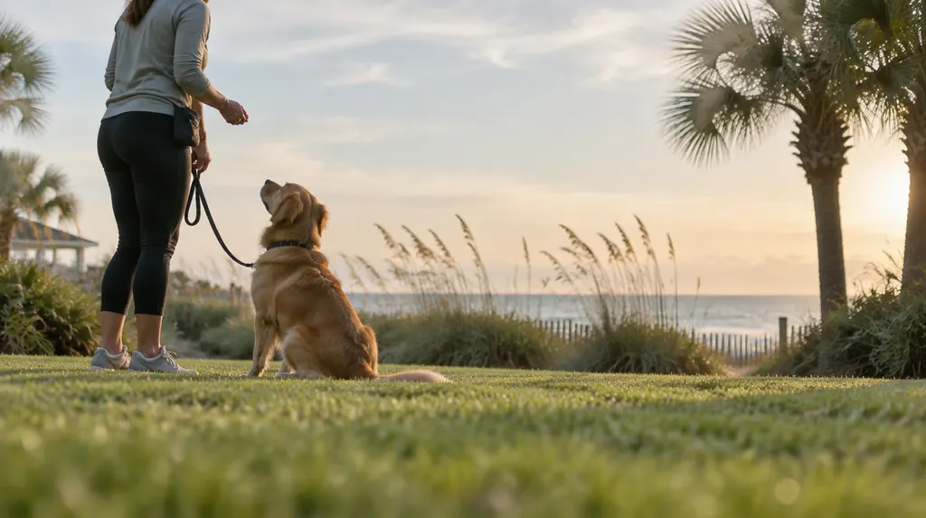 A trainer working with a dog on a leash in a yard in Conway, SC