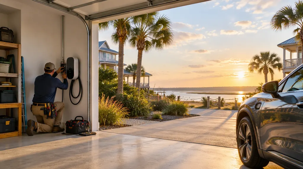 An electrician installing an EV charger in a garage in Conway, SC