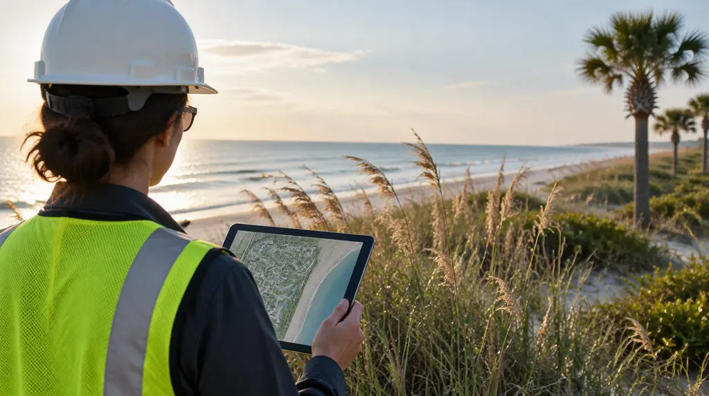 An engineer reviewing site plans on a tablet in Conway, SC