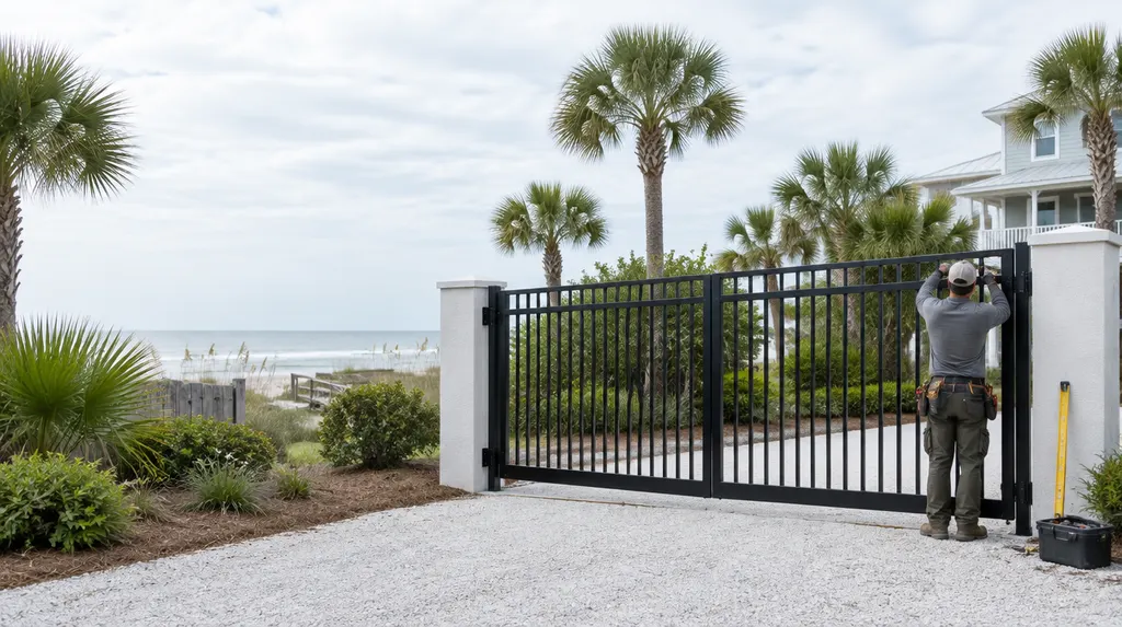 An installer hanging a black aluminum gate in Conway, SC