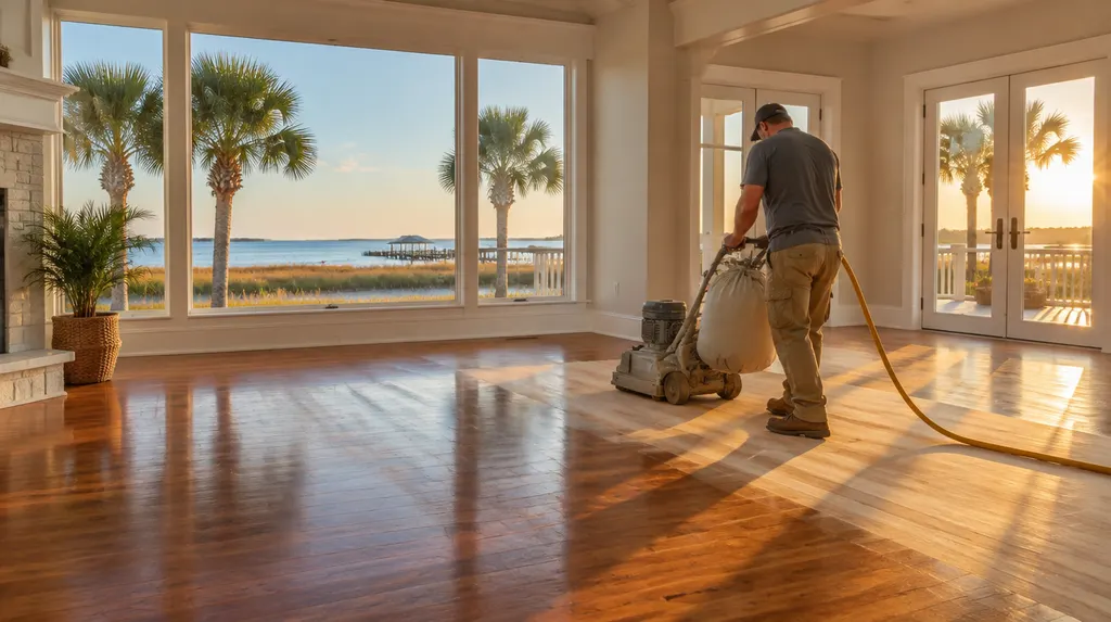 A craftsman refinishing a hardwood floor in Conway, SC