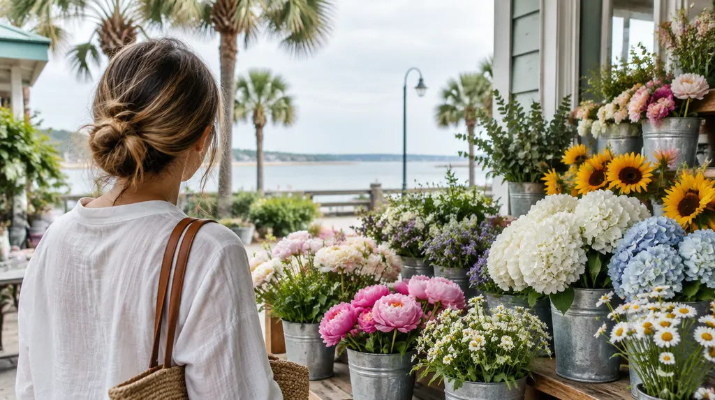Buckets of fresh flowers in a shop in Conway, SC