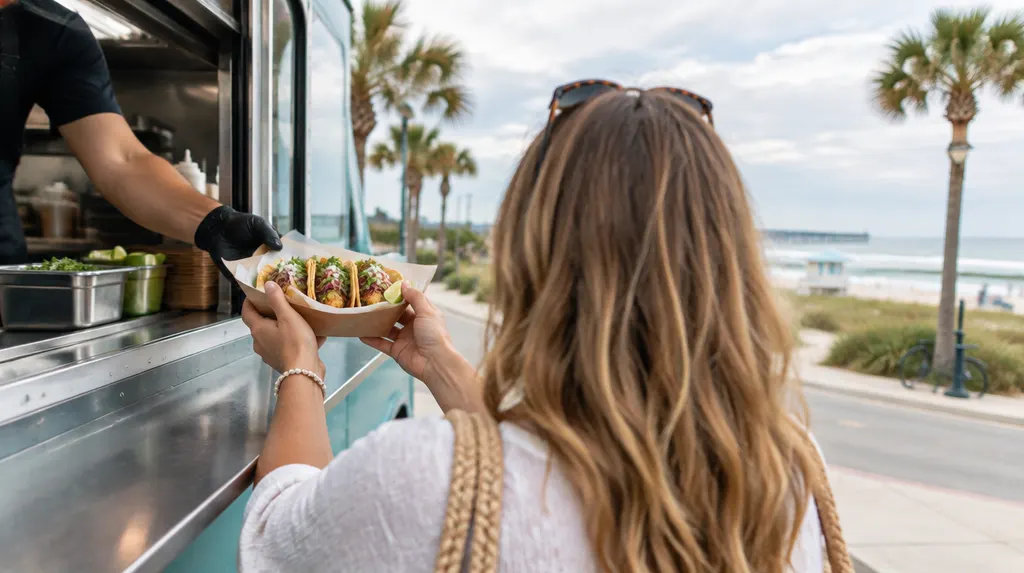 A food truck window with tacos being handed out in Conway, SC