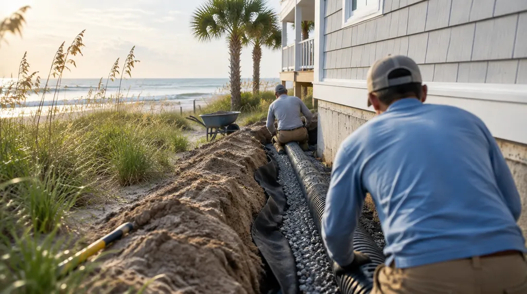 A crew installing drainage along a house foundation in Conway, SC