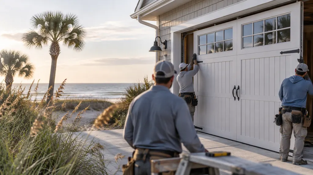 A crew installing a new carriage-style garage door in Conway, SC