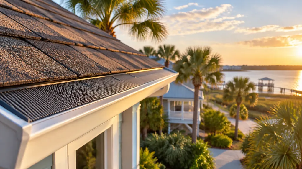 Close-up of new gutter guards on a roofline in Conway, SC