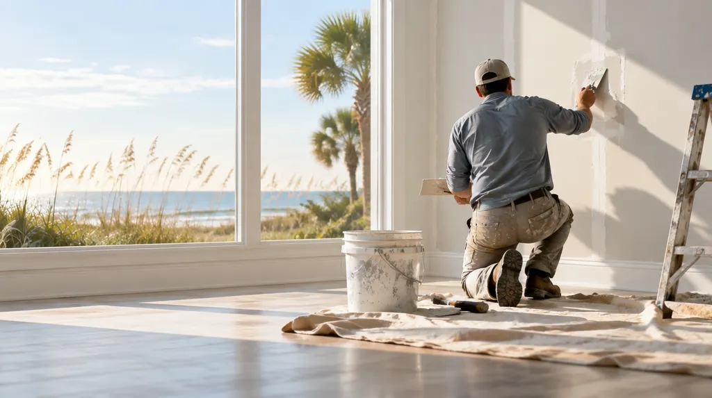 A handyman patching drywall in a bright room in Conway, SC