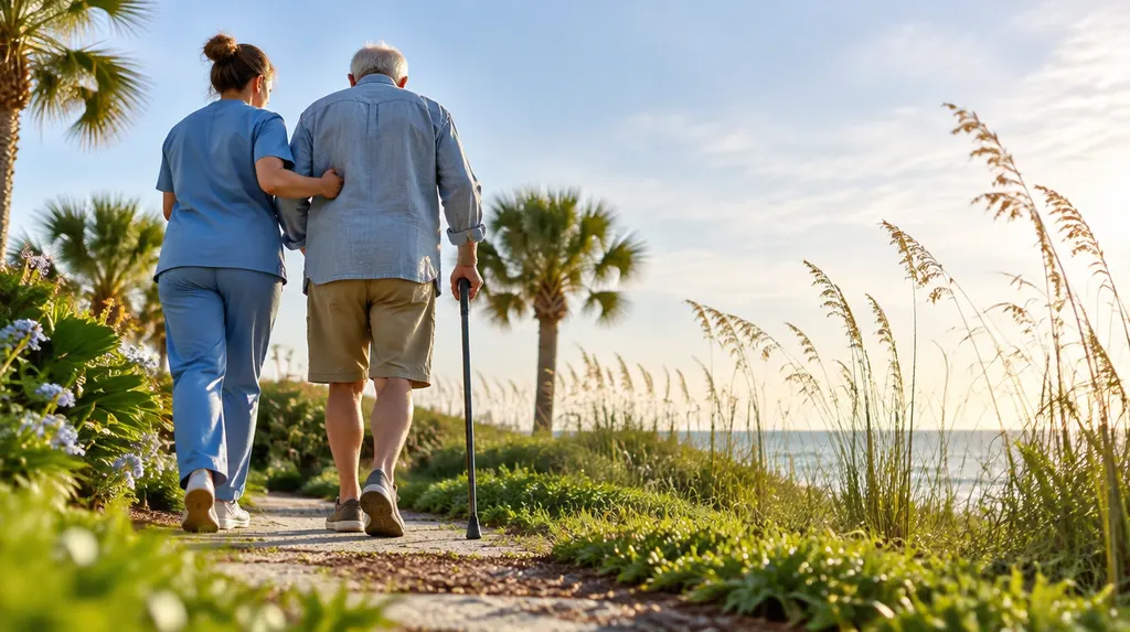 A caregiver helping an older man walk in a sunny garden in Conway, SC