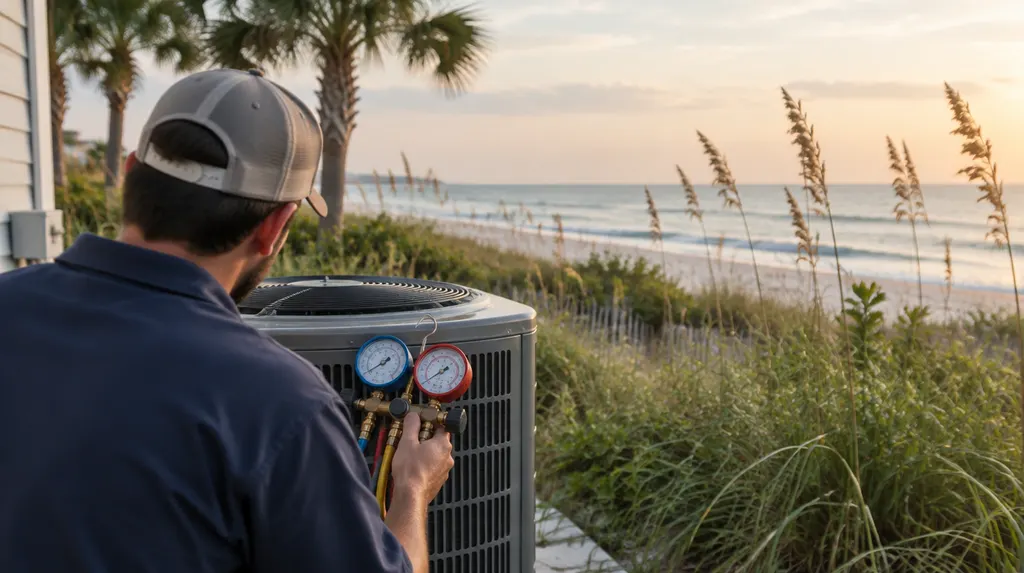 A technician checking a heat pump with gauges in Conway, SC