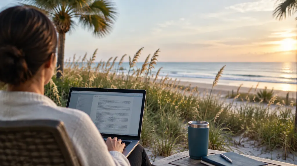 An agent reviewing a policy on a laptop in Conway, SC