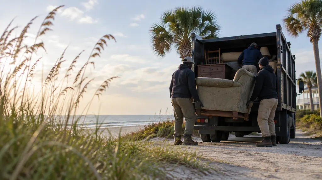 A crew loading old furniture into a junk removal truck in Conway, SC
