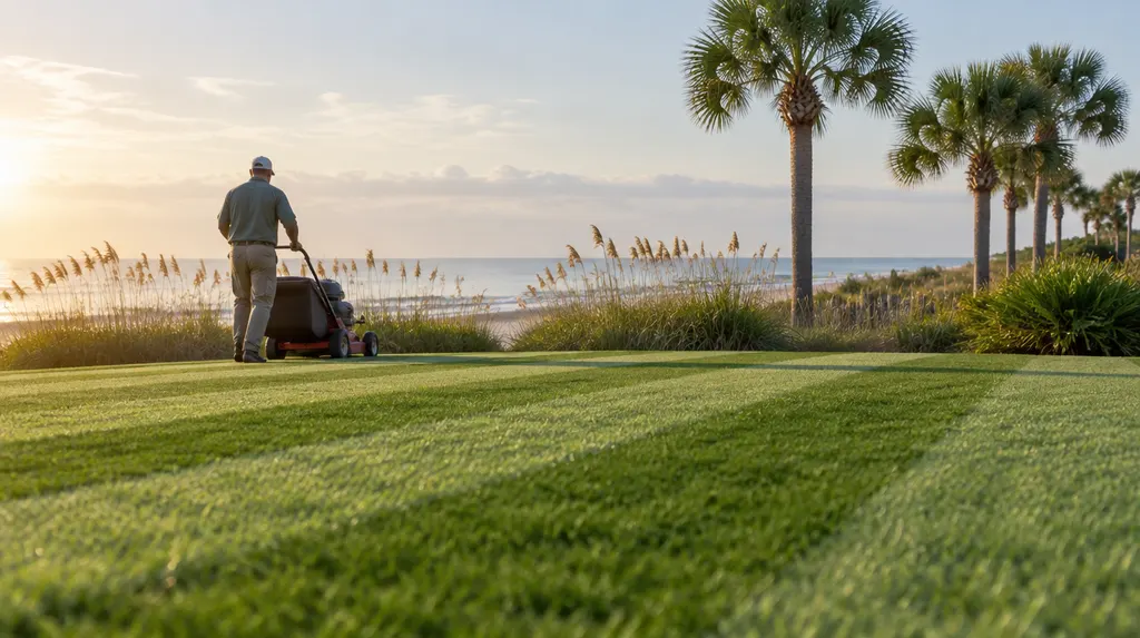 A landscaper mowing a striped green lawn in Conway, SC