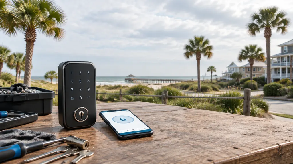 A sleek modern smart lock keypad and a phone app on a locksmith’s table in Conway, SC