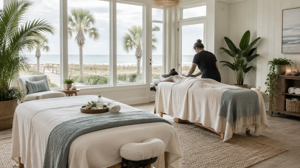 A massage studio with soft light and plants in Conway, SC