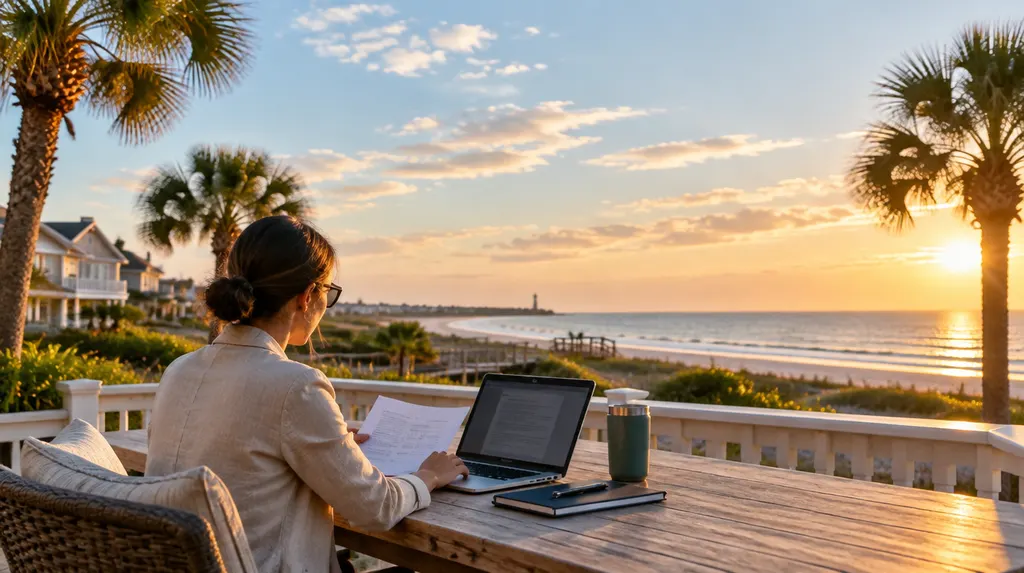 A broker reviewing documents on a laptop in Conway, SC