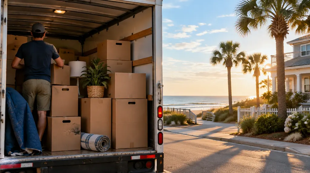Neatly stacked labeled boxes in a moving truck in Conway, SC