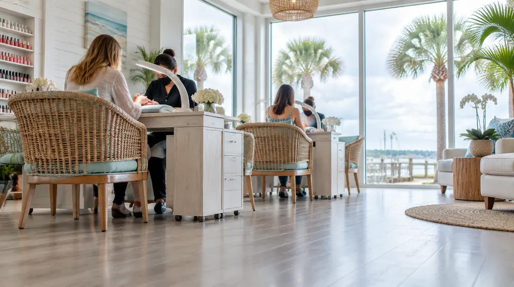 A bright nail salon with manicure tables in Conway, SC
