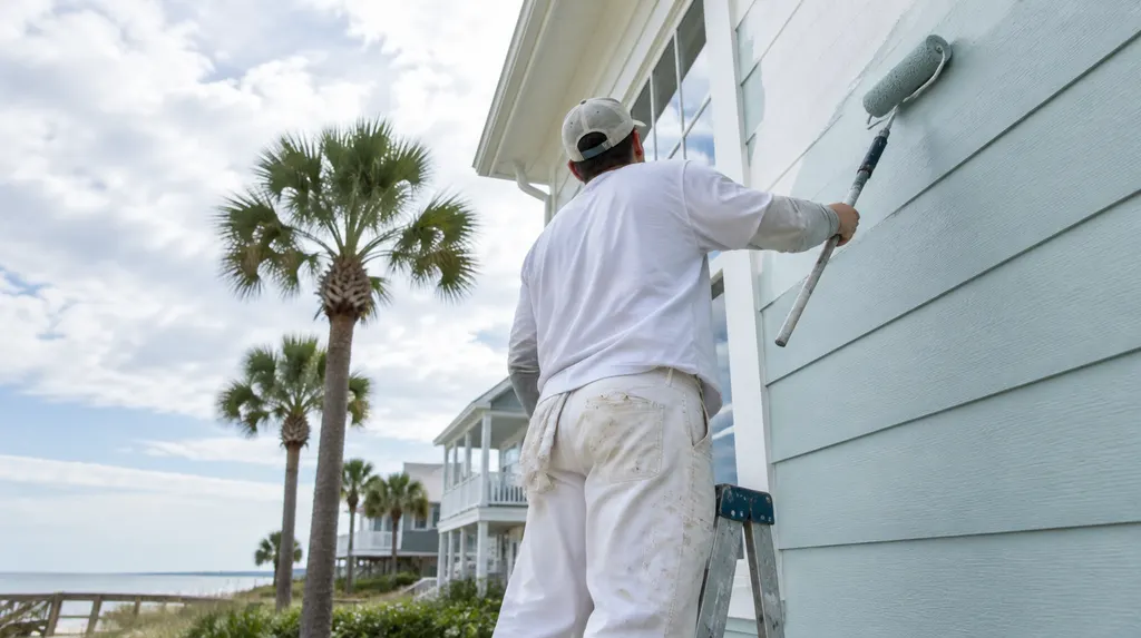 A painter rolling fresh paint on an exterior wall in Conway, SC