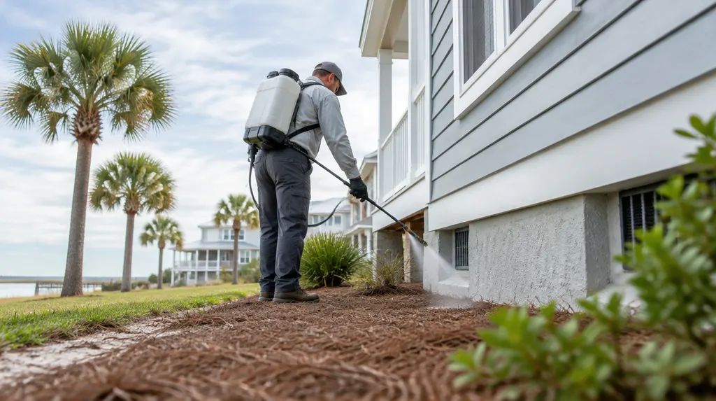 A pest control technician spraying the foundation of a house in Conway, SC