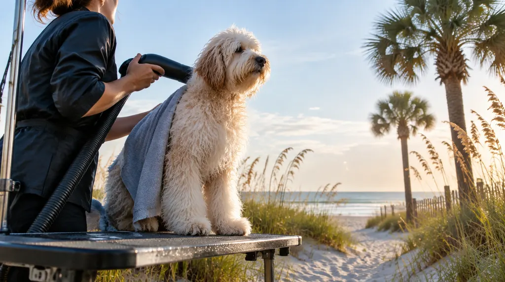 A groomer drying a fluffy dog in Conway, SC