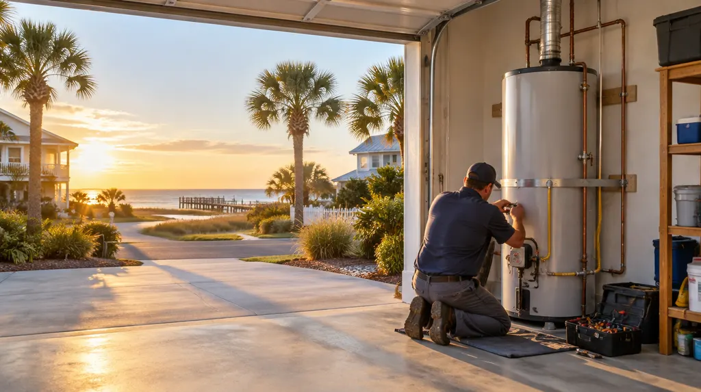 A plumber installing a tank water heater in a garage in Conway, SC