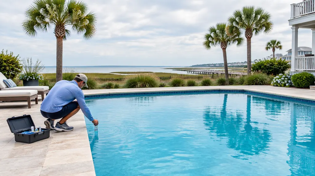 A clean blue pool with a technician testing the water in Conway, SC
