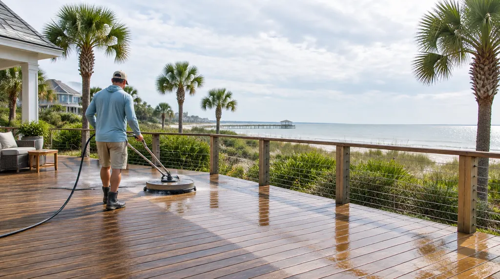 Cleaning a wooden deck with a surface cleaner in Conway, SC
