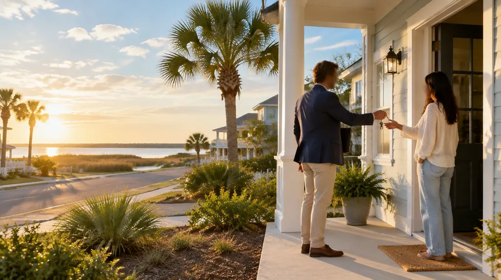 A manager handing keys to a tenant at a front door in Conway, SC