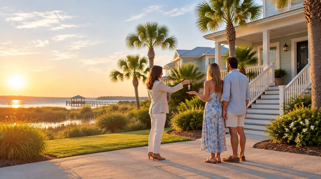 An agent handing keys to new homeowners outside a house in Conway, SC