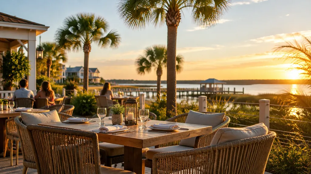 A patio dining area at golden hour in Conway, SC