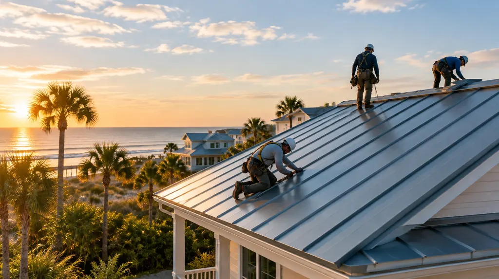 A roofing crew installing a standing-seam metal roof in Conway, SC