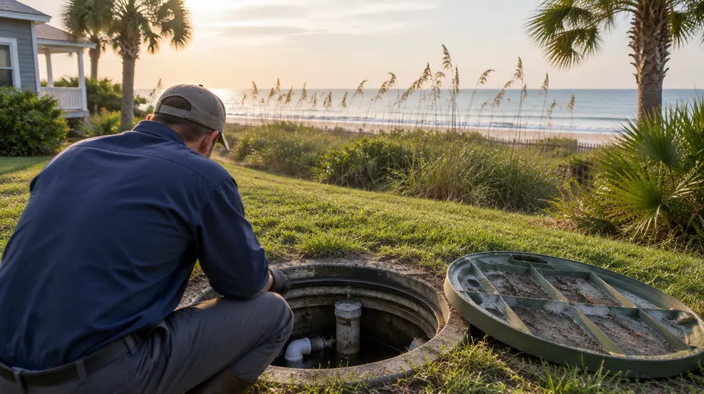 A technician inspecting an open septic tank lid in a yard in Conway, SC