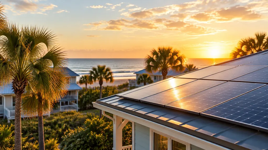 A roof of solar panels at golden hour in Conway, SC