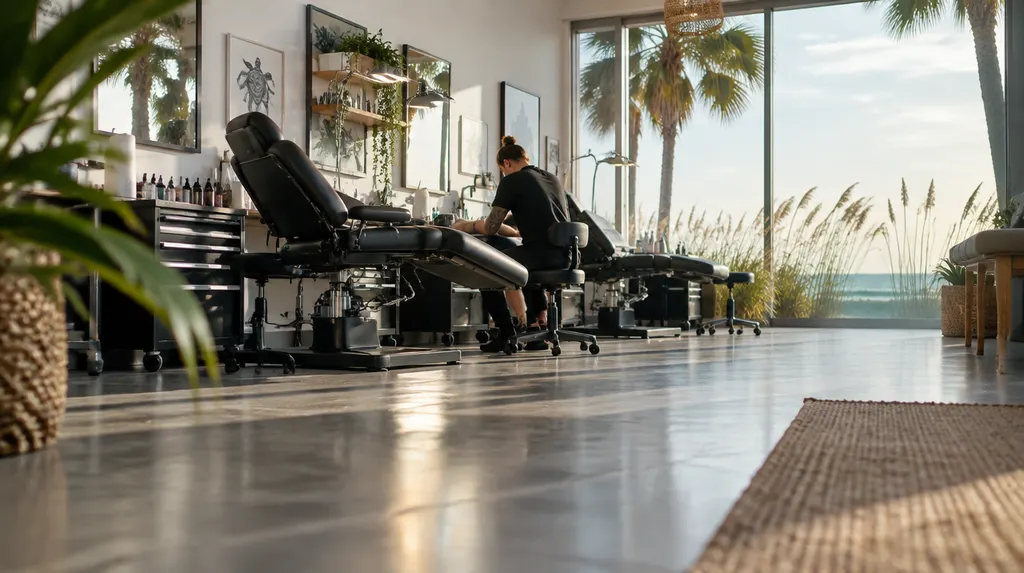 A clean modern tattoo studio with artist stations in Conway, SC