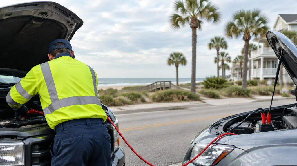 A roadside assistance worker jump-starting a car in Conway, SC