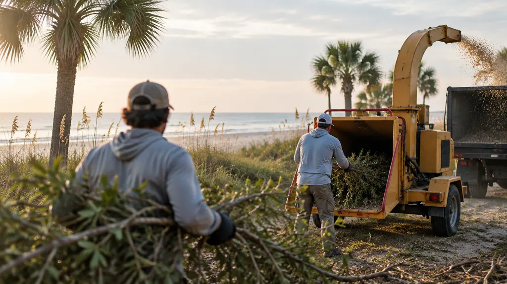 A crew feeding branches into a wood chipper in Conway, SC
