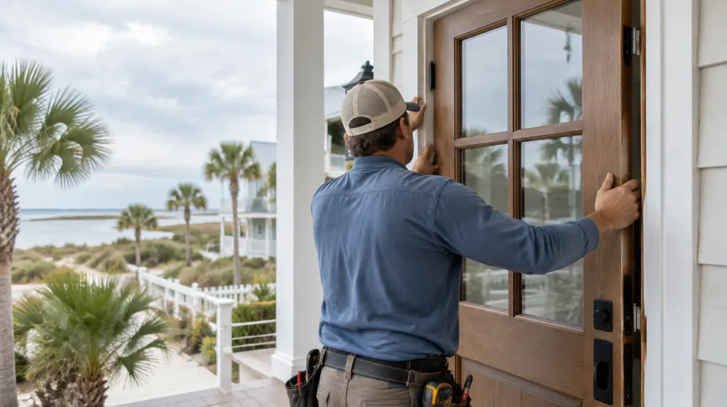 An installer hanging a new front entry door in Conway, SC