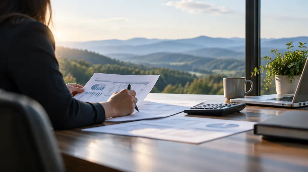 An accountant reviewing financial reports at a desk in Easley, SC
