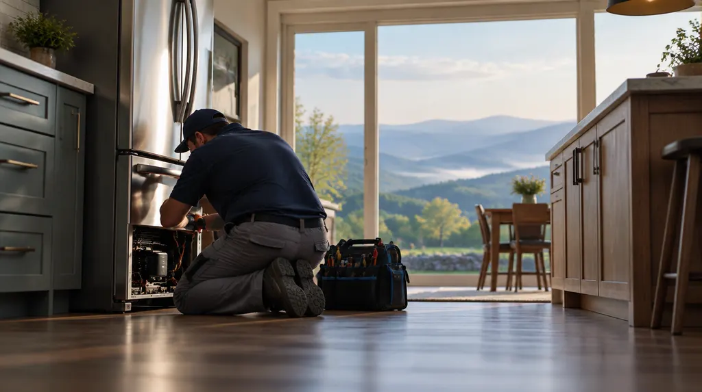 A technician repairing a refrigerator in a kitchen in Easley, SC