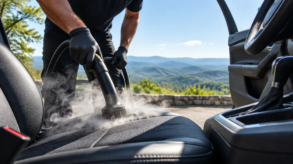 A detailer cleaning a car interior with a steam tool in Easley, SC