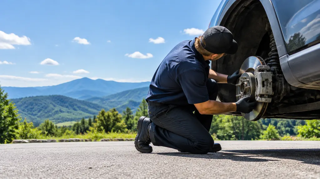 A mechanic checking brakes on a wheel in Easley, SC