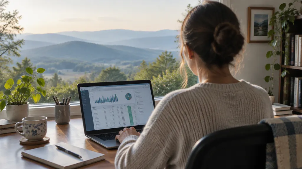 A bookkeeper working on financial software in a home office in Easley, SC