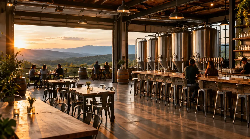 A craft brewery taproom with tanks and a bar in Easley, SC