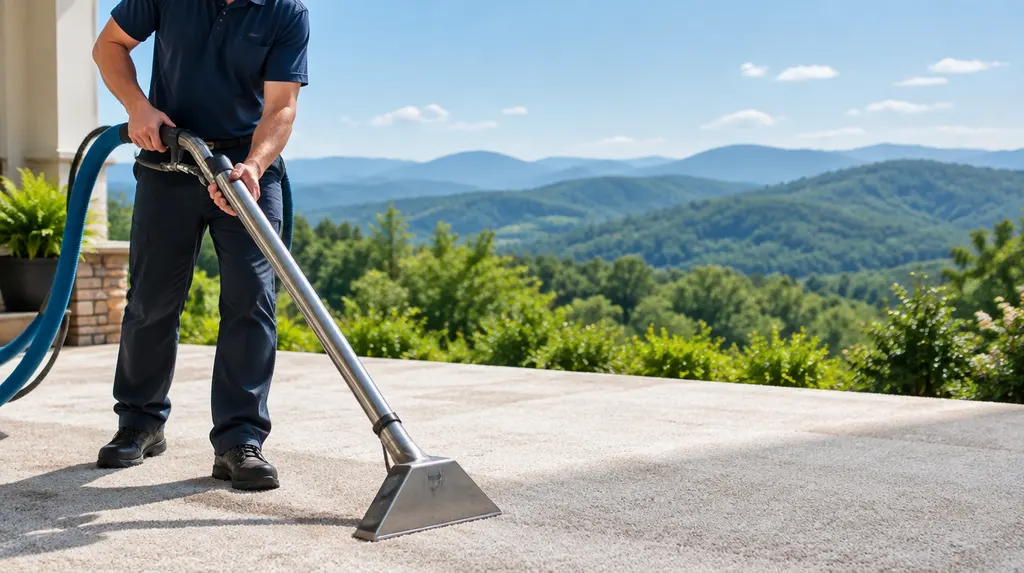 A technician cleaning a carpet with a wand in Easley, SC