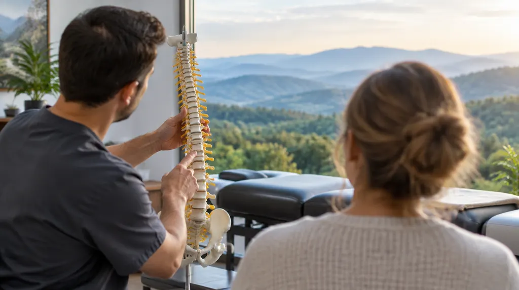 A chiropractor discussing a spine model in Easley, SC